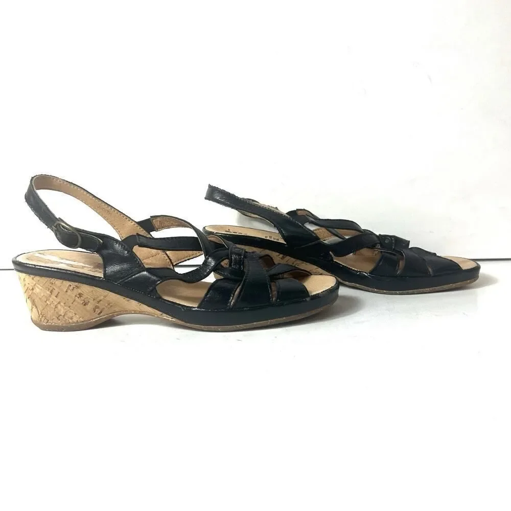 Spring Step Sandals Black Leather Cork Heel Sling Back Women Sz EU 42 US 11.5-12